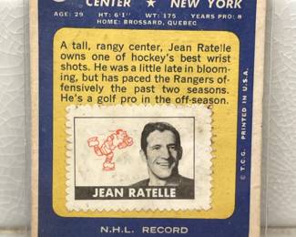 Facts side of hockey card from 1969-1970: Jean Ratelle, Rangers, Center