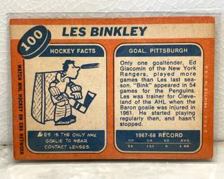 Facts side of hockey card from 1969-1970: Les Binkley, Pittsburgh Goal