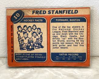 Facts side of hockey card from 1969-1970: Fred Stanfield, Boston Forward