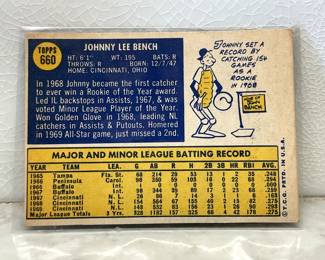Facts side of baseball cards from 1967-1970: Johnny Bench, Reds Catcher
