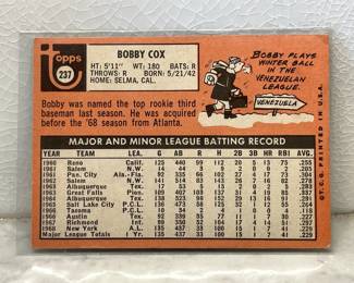 Facts side of baseball cards from 1967-1970: Bobby Cox Yankees 3rd Base