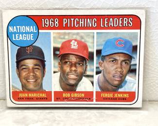 Baseball cards from 1967-1970: 1968 National League Pitching Leaders, Juan Marichal San Fran. Giants, Bob Gibson St. Louis Cardinals, Fergie Jenkins Chicago Cubs