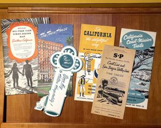 More vintage California travel ephemera: "Official All-Year Sight-seeing Map: Southern California", "The Townhouse, California" brochure, "See California the Delightful Way: De Luxe Motor Coach" brochure, "The Friendly Southern Pacific Coastline and San Joaquin Valley Line" September 26, 1954 time tables brochure, and "California Coast-Mission Trails" brochure
