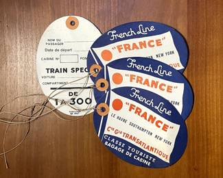 "French Line "France" Compagnie Générale Transatlantique" Classe Touriste, Bagage de Cabine tags