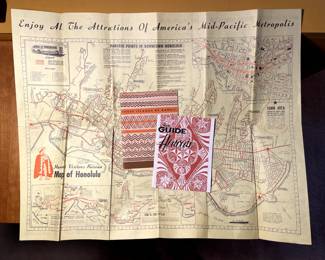 Vintage Hawaii travel ephemera: map of Honolulu, "Your Guide to Hawaii", and "These Islands of Hawaii"