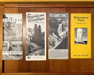 Vintage National Parks travel ephemera: "Sheridan in the Big Horns of Wyoming" brochure, "Sequoia and Kings Canyon National Park brochure, "Yellowstone National Park "brochure, "Yellowstone Park, Season 1939"