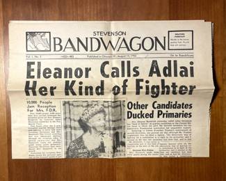 "Stevenson Bandwagon" published in Chicago, Ill. August 13, 1956, headline reads " Eleanor Calls Adlai Her Kind of Fighter"