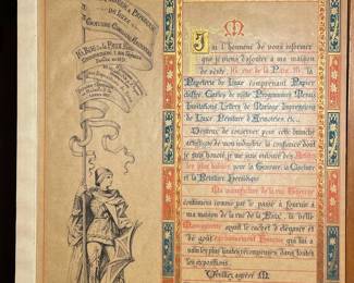 Decorative French advertisement from a French engraving house: Giraudon 16th Arrondissment, Paris translation reads "I have the honor to inform you that I have just added to my sales house, 16, Rue de la Paix 16. The Luxury Stationery including Figure Paper, Business cards, Programs, Menus, Invitations, Wedding Letters, Luxury Prints, Painting of Coats of Arms, etc.
Wishing to maintain for this artistic branch of my industry the confidence with which I am honored, I have surrounded myself with the most skilled Artists for Engraving, Carving and Heraldic Painting.
My factory on Rue Therese continues, as in the past, to provide my house on Rue de la Paix with the beautiful (Mavoquinevie?) before the exclusively French (carbet?) of elegance and style which has earned it the highest awards in all exhibitions.
Please accept the expression of my feelings, Giraudon"
