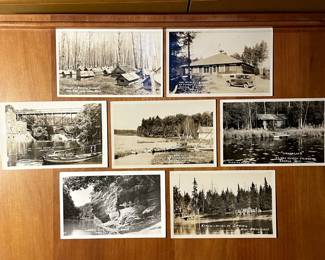 A small sample of the hundreds of photographic postcards: Chippewa Burying Grounds Chi-cau-gon Lake, Mich & The New Club House at Forest Primeval, Sawyer, Wisc. & High Bridge at Mirror Lake, Delton, Wisc. 1921 & The Beach at Forest Primeval Resort, Sawyer, Wisc. & "Dreamland" at Forest Primeval, Sawyer, Wisc. & Ladder Rock on Sugar Creek, Turkey Run, Ind. & Kitch-iti-ki-pi Spring near Manistique,  Mich.