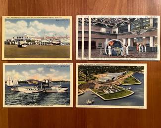 A small sample of the hundreds of postcards: "Tractor hauling out a clipper ship, Pan American Airways Terminal, Miami, FL" 1939 & "huge globe of the Earth, Pan American Airways Terminal, Miami, FL" 1939 & "Pan American Airways 32 Passenger 'Flying Clipper Ship'" 1939 & "Miami Terminal of Pan American Airways"