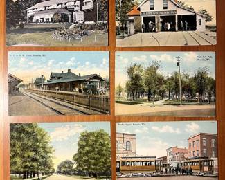 A small sample of the hundreds of postcards: "SB Chapies Summer Residence, Lake Geneva, WI" & "New Life Savings Station, Kenosha, WI" & "C&N W Depot, Kenosha, WI" & "North Side Park, Kenosha, WI" & "4853  Durkee Avenue, Kenosha, WI" & "Market Square, Kenosha, WI"