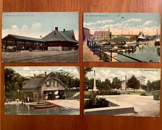 A small sample of the hundreds of postcards: "Northwestern Depot, Kenosha, WI" & "Harbor View, Kenosha, WI" & "Life Saving Station, Boat & Crew, Kenosha, WI" & "Liberty Park, Kenosha, WI"