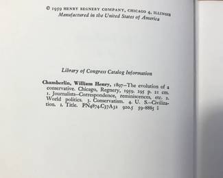 Copyright page of "The Evolution of a Conservative" by William Henry Chamberlin, published by Henry Regnery Company, Chicago, 1959
