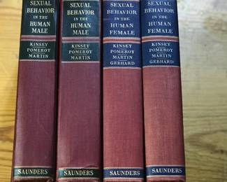 Spine details of "Sexual Behavior in the Human Male" and "Sexual Behavior in the Human Female" by Kinsey, Pomeroy, Martin, and Gebhard, published by WB Saunders Company in 1953