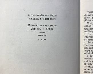 Copyright page of "Othello" edited by WJ Rolfe, published by Harper & Brothers in 1907