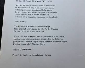 Copyright page of "White Women" by Helmut Newton, published by Stonehill Publishing Company in 1976