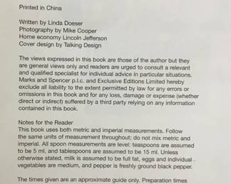 Copyright page of "100 Sauces: From 1 Easy Recipe" cookbook by Linda Doeser, published by Marks and Spencer in 2011