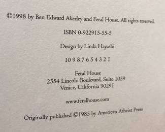 Copyright page of "The X-Rated Bible: An Irreverent Survey of Sex in the Scriptures" by Ben Edward Akerley, published by Feral House in 1998