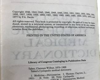 Copyright page of "Taber's Cyclopedic Medical Dictionary" published by FA Davis Company in 1981