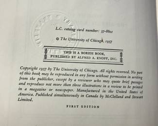 Copyright page of "The History of Chicago: 1871-1893" by Bessie Louise Pierce, published by Alfred A Knopf in 1957. First Edition
