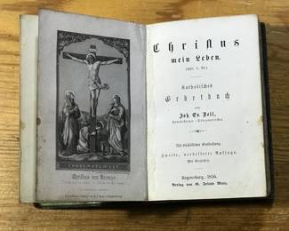 Title page of "Chriftus mein Leben. (bil. 1, 21.)" Katholisches, Joh. Ev. Boll, Benediktiner Orbenspriester. Mit Bischöflicher Gutheißung. 3weite, verbesserte Auflage. Mit Stabtstid. Regensburg, 1856. Verlag von G. Joseph Manz. (Translated to: "Christ: My Life" by Joh Ev. Boll Benedictine Priest, published by Joseph Manz in 1856)