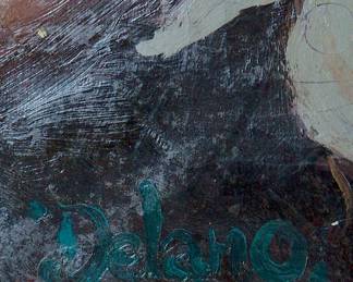 Signature at bottom left of Old cowboy Western illustration art, by Gerard Curtis "Jerry" Delano (1890-1972) showing cowboys in action.  Oil on canvas, signed at bottom, 30" wide x 40" high