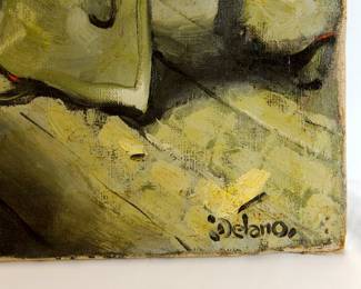 Signature at bottom right of Old cowboy Western illustration art, by Gerard Curtis "Jerry" Delano (1890-1972) showing cowboys in action.  Oil on canvas, signed at bottom right, 36" wide x 31" high