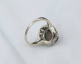 Interior detail of the setting of 14K white gold Black Star Sapphire and Diamond ring, size 5, 3.7 g