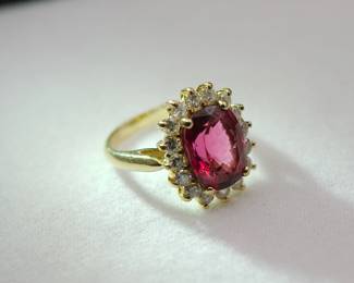 Another view of 18K yellow gold ring with 1 carat single cut diamonds and an approximately 6.5 carat tourmaline, size 6