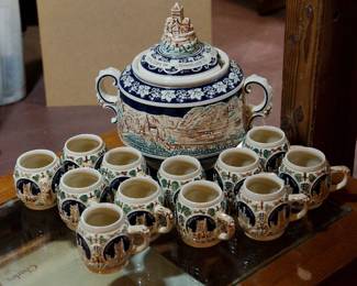 Vintage German punch bowl set with 12 cups