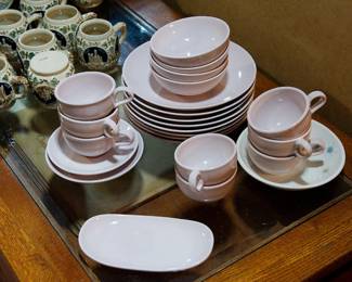 1950s Russel Wright Iroquois Casual Pink Sherbet set of dishes including 1 small serving plate, 8 teacups with saucers, 4 bowls, and 8 dinner plates
