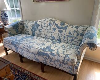 Blue and white toile camelback sofa  85w x 29d x 21h