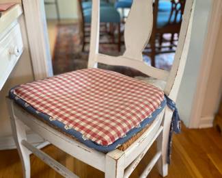 4 distressed white Pottery Barn chairs with rush seats, 21w x 20d