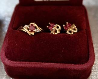 Ruby & Diamond 14k Gold Ring & Earrings