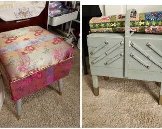 Vintage Sewing Accordian Box & Stool w/Storage