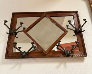 Antique Oak Wall Hanging Mirror with iron coat hooks 26x18