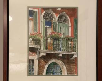 Now $250. Was $500. Watercolor painting professionally double matted & framed. "Venice Windows" by Thomas Gruber. 20"Wx24"Hx1.5"D. Purchased from Agora Gallery in NYC for $1000.