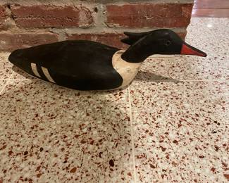 Now $25. Was $50. Handmade reproduction of an antique Duck decoy from the early 1900s - image of the Common Merganser. 19"Lx6"Hx6"w. Signed on bottom by the artists.