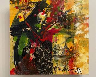 Now $100. Was $150. Abstract colorful mixed media painting on wood box 12"square x 2.5"D. Titled "Through the Garden Gate". by/singed M. Jane Johnson.