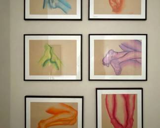 Now $300. Was $600. Set of 6 framed and matted original drawings of feet by Kate Fu. Each piece is 23x29" and 1"deep. Each one is signed by the artist.