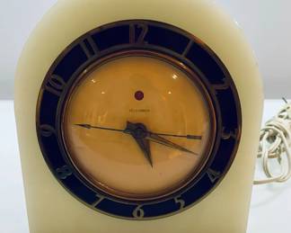 $35. Telechron electric clock Art Deco 1930s USA; 6.5Hx6"W. Brass and face nice and clean; clock stopped working a few years ago and needs a return visit to a clockmaker.