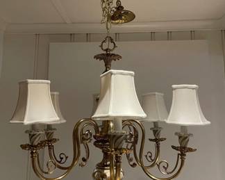 Now $425. Was $950. Antique French chandelier; rewired late 20th century. 28"Wx24"H with 28" of chain to ceiling brass ceiling plate. Looks even better without the shades.