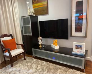 Now $200. Was $400. Frosted glass and wenge stained wood cabinets with matt finish aluminum trim and feet. Tall cabinet is 20.25"wx17"dx63"h. Matching Low cabinet is 71Lx23"dx16"h.