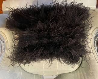 Now $22. Was $45. Small lumbar decorative pillow with black ostrich feathers. 10x13". Needs a few stitches to secure the ostrich feather trail in 2 places.