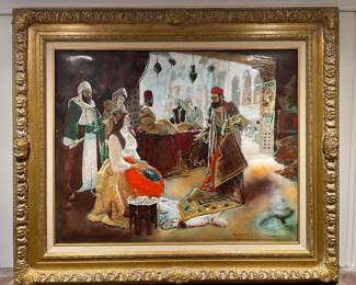 Now $425. Was $1,050. Painting by Max Karp, the father of modern enameling. Ornate wood frame; signed. 39.25ʺW × 2.25ʺD × 33.25ʺH