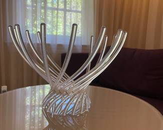 Now $30. Was $60. Mid Century lucite fruit bowl. 12" diameter x 8"h. 6"diameter across base. Missing 2 prongs but still holds up nicely.