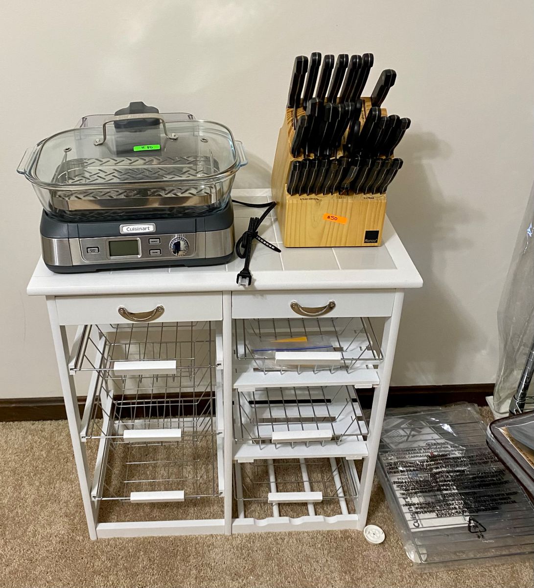 Like new Cuisinart steamer, huge Ronca knife block with all knives, and a cute kitchen stand