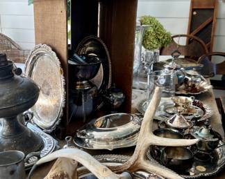 Silverplate, antlers, glass domes, antique kerosene lamp base. Add layers to your home w/ all the small decor!