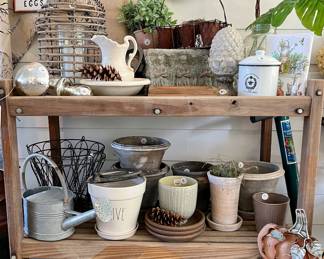 Potting table + pots with great patina, old Coca Cola crate w/ bottles, blue Ball jars w/ zinc lids, loads of  indoor/outdoor decorative accessories 