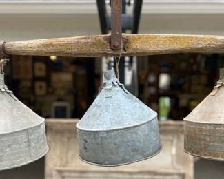 Antique Yoke w/ 3 vintage metal funnels. Wire it w/ DIY Home Depot kit to make  a super cool pendant light fixture. Industrial rustic farmhouse style.